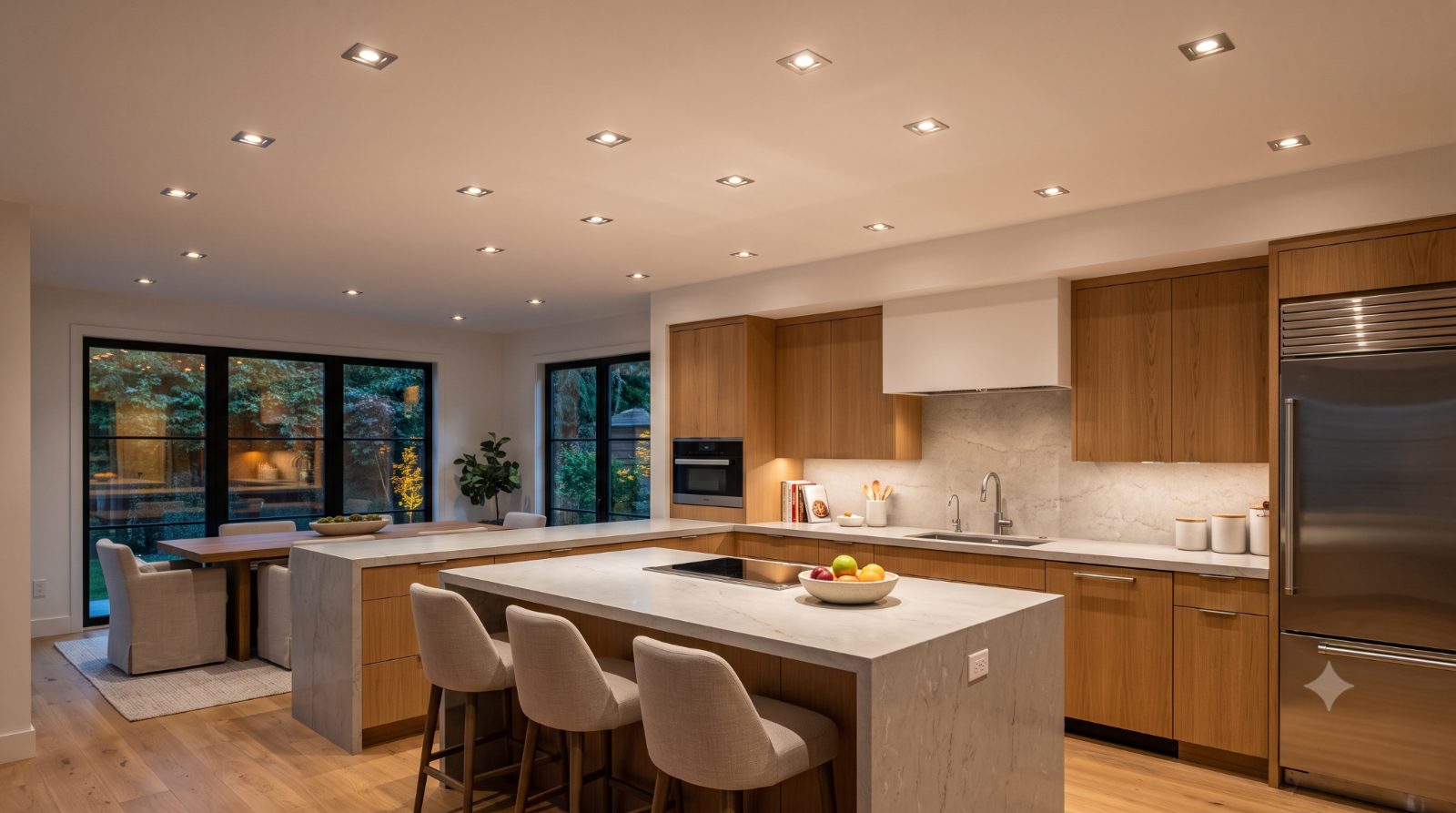 Realistic modern kitchen with recessed LED ceiling lights, showing even general lighting across the room while keeping the ceiling clean and uncluttered.