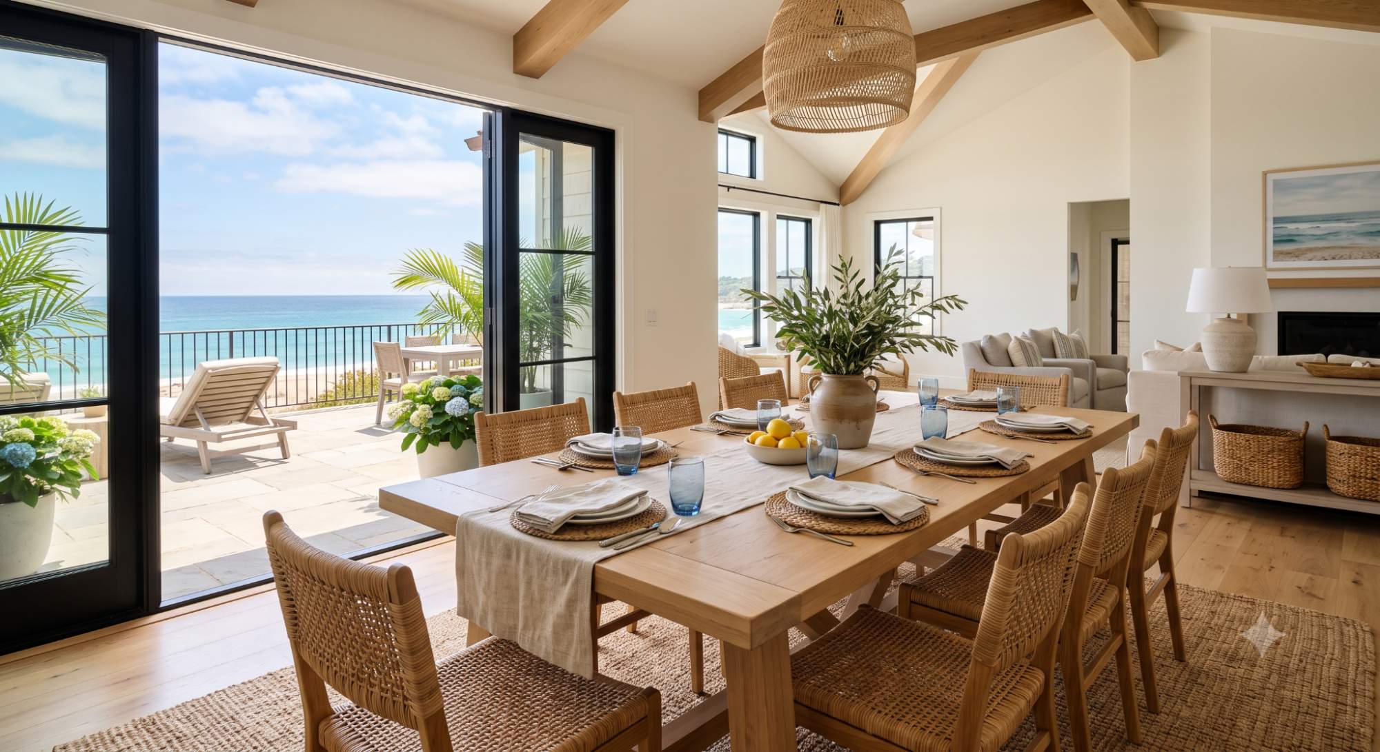 Beach house dining area with a light wood table, woven chairs, linen runner, blue glasses, and bright relaxed coastal styling.