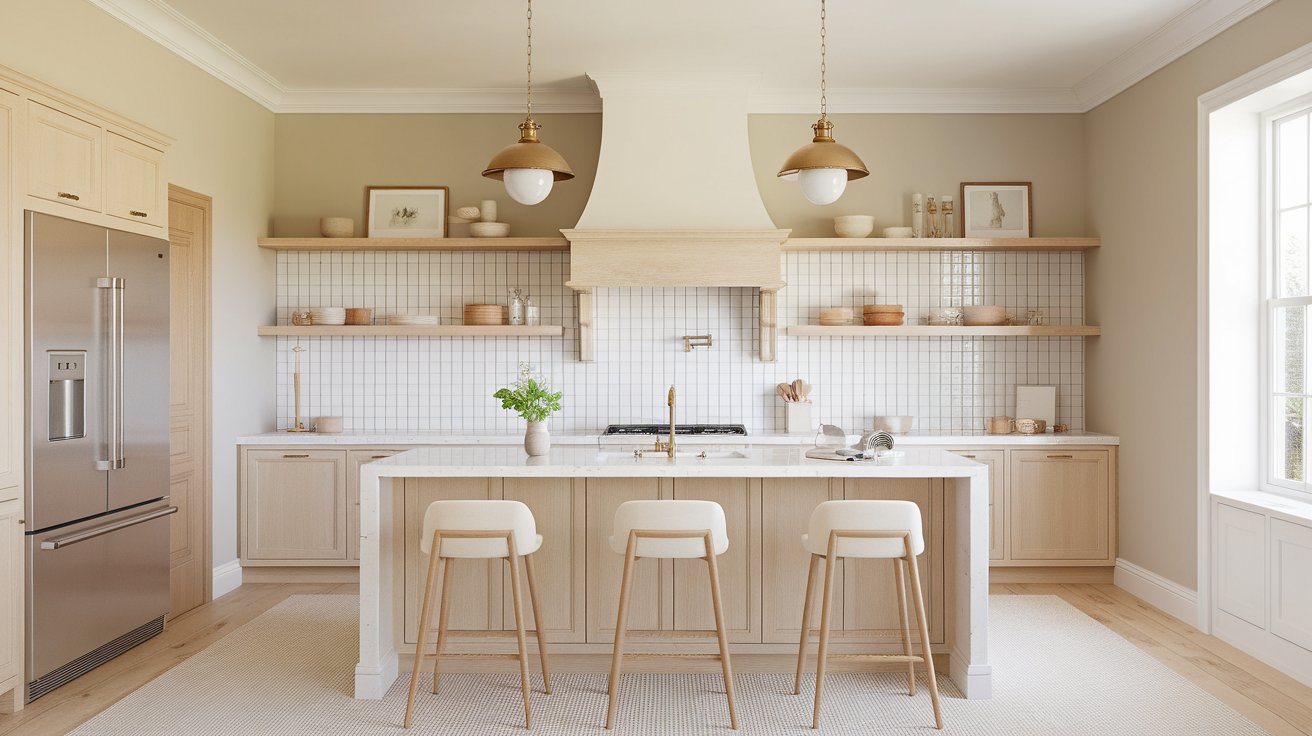 Kitchen with Benjamin Moore Pale Oak walls, White Dove trim, warm white cabinets, handmade subway tile backsplash, and natural daylight showcasing the paint's warm greige color.