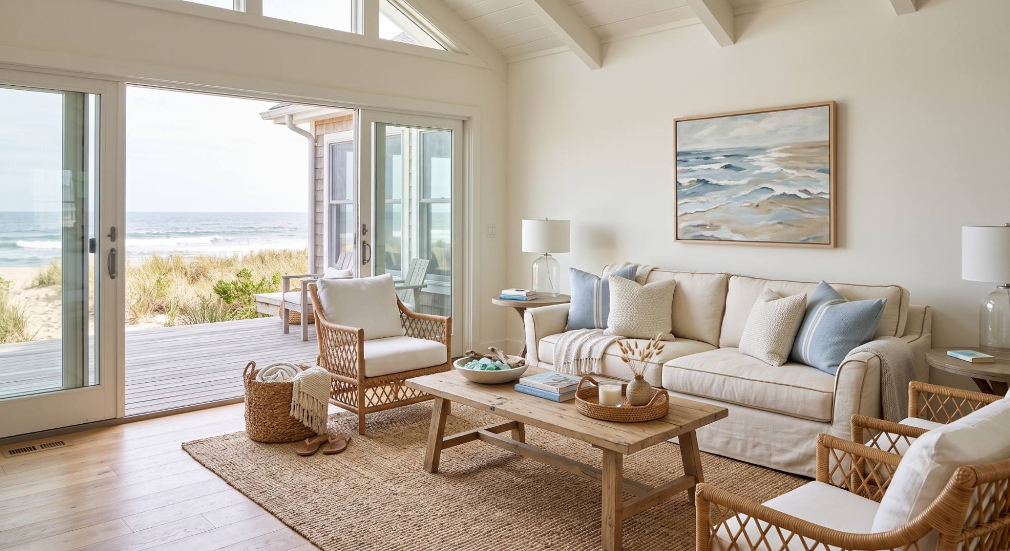 Beach house living room with a slipcovered sofa, jute rug, woven chairs, light wood coffee table, blue pillows, and relaxed coastal styling.