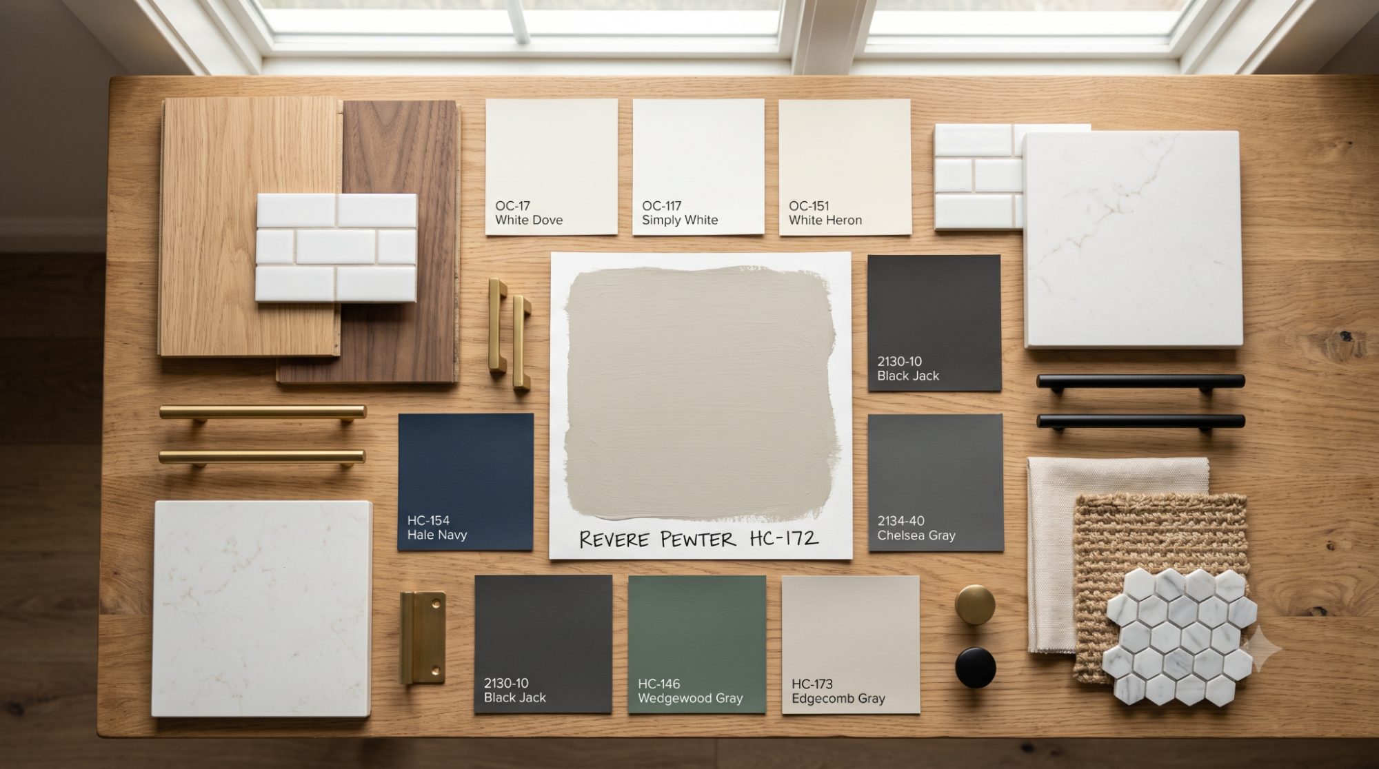 Designer flat lay palette with Benjamin Moore Revere Pewter, coordinating whites, navy, charcoal, forest green, lighter greige, wood samples, brass hardware, and warm natural materials.