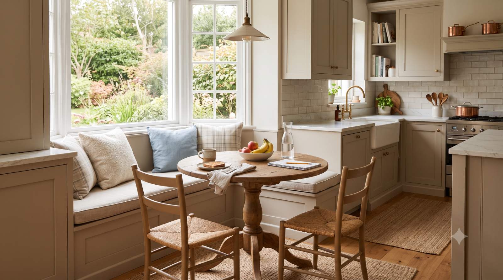 Realistic kitchen breakfast nook with a small table and chairs or built-in bench seating, plus cushions and pillows, creating a cozy family-friendly space for casual meals and homework.