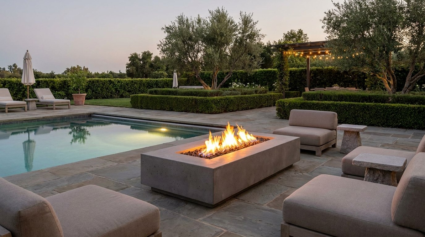 Poolside fire pit with lounge seating and warm evening glow in a resort-style backyard.