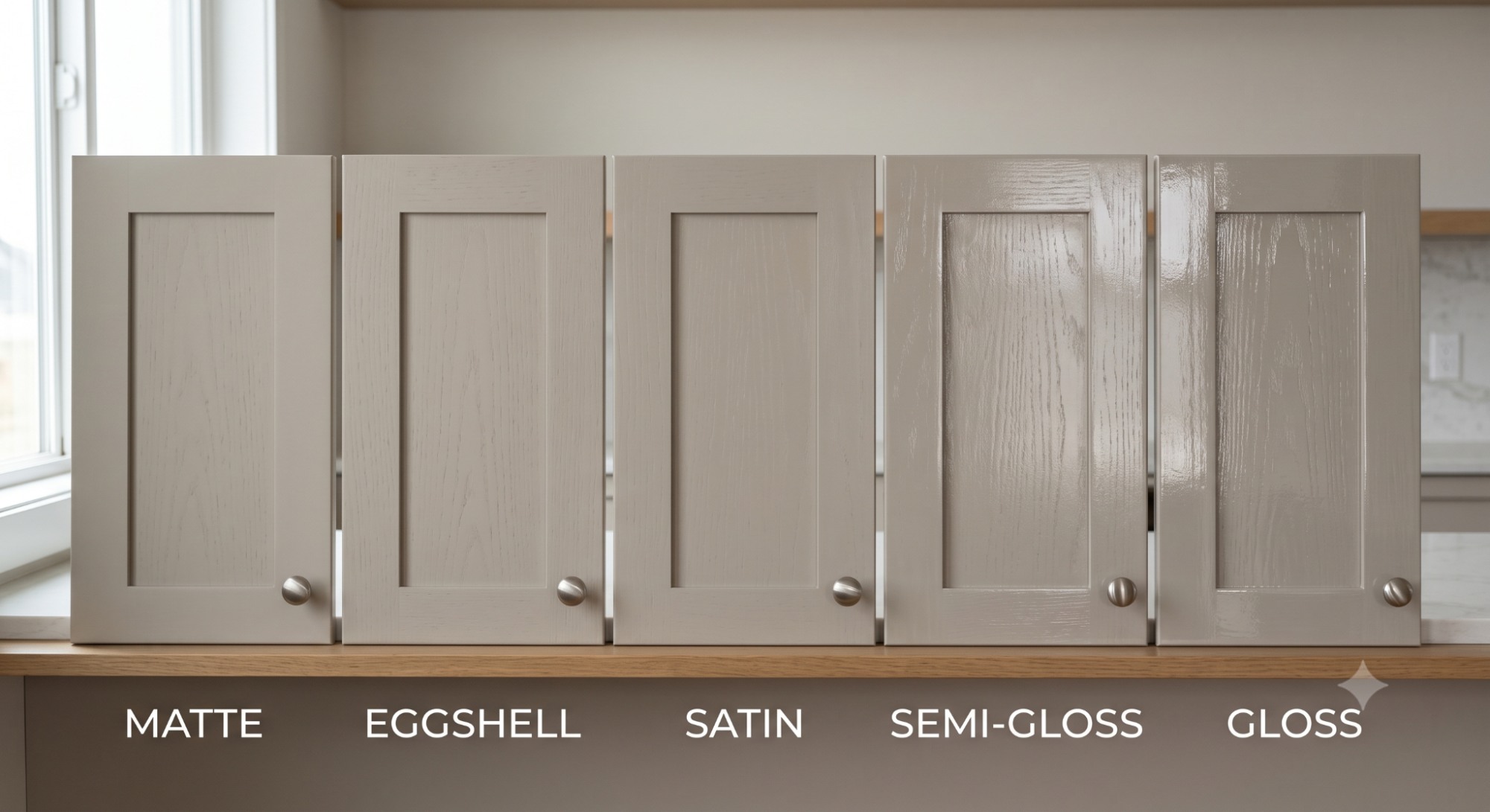 Side-by-side comparison of matte, eggshell, satin, semi-gloss, and gloss kitchen cabinet paint finishes on warm neutral cabinet door panels.