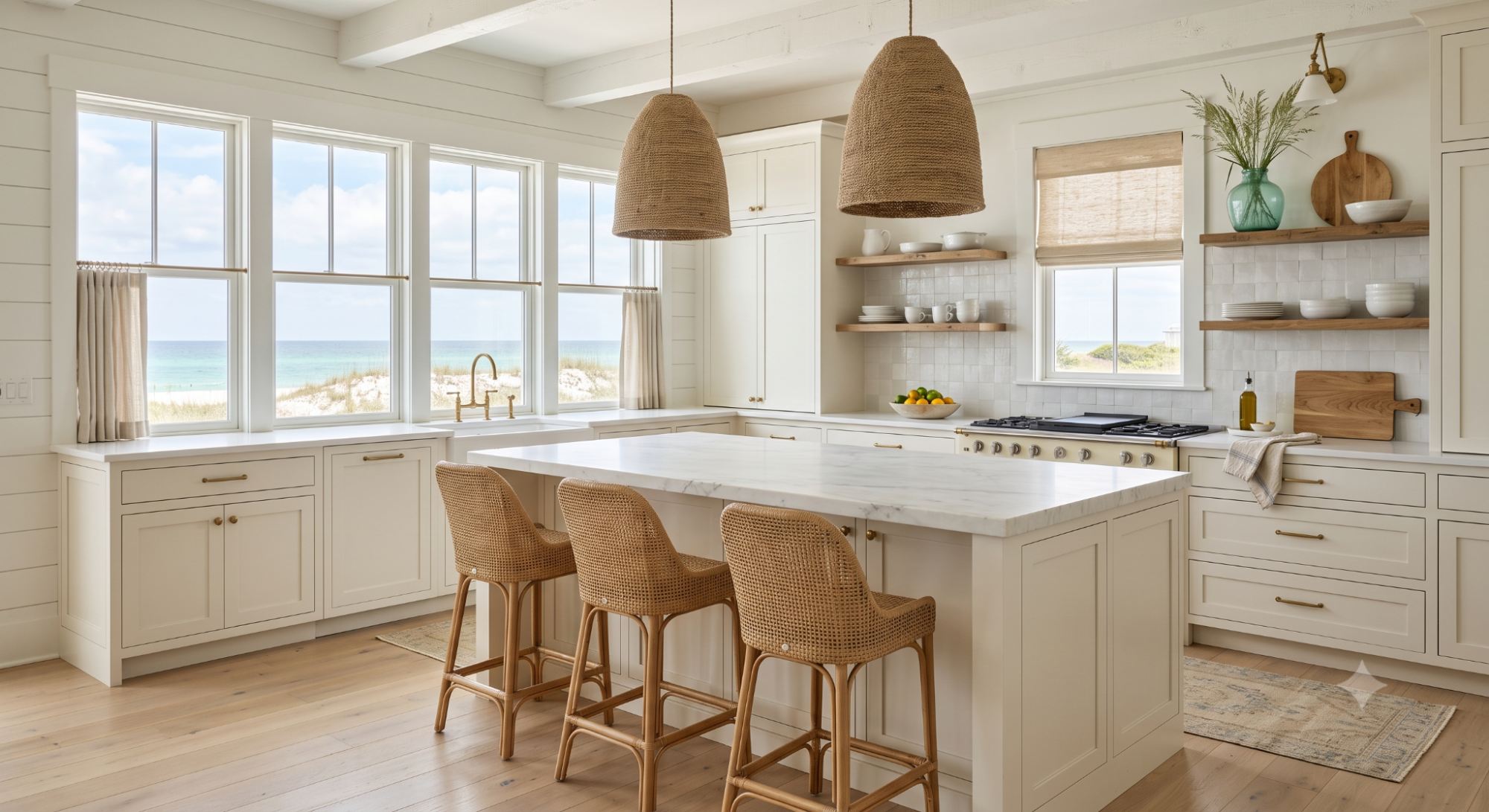Beach house interior kitchen with white cabinets, woven pendant lights, natural textures, and a bright airy coastal look.