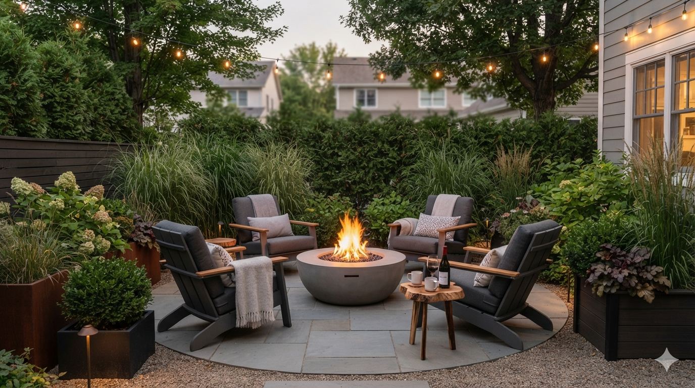Fire pit with privacy plants, tall grasses, and cozy seating in a personal backyard patio area.