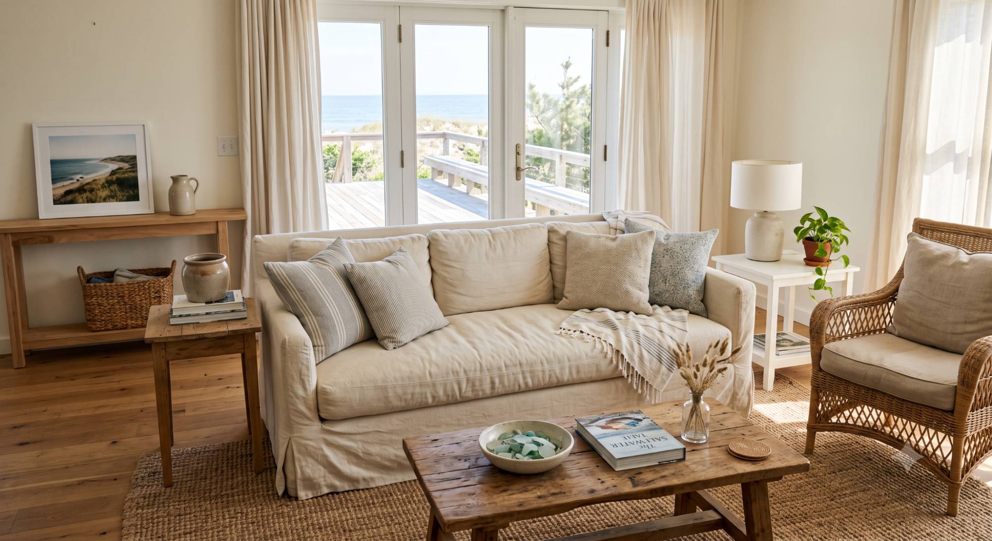 Beach house living room with a white slipcovered sofa, natural wood furniture, rattan accents, jute rug, and relaxed coastal styling.