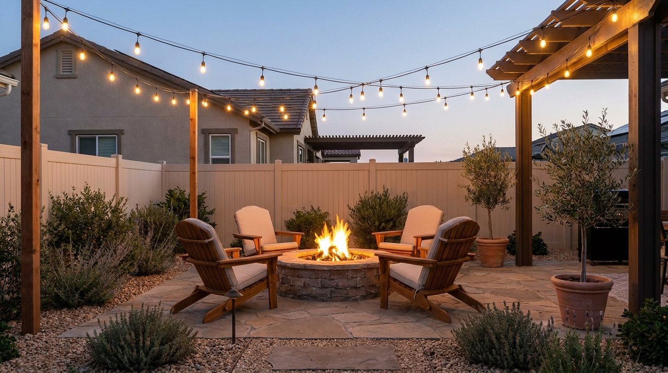 Backyard fire pit under warm white string lights with cozy seating in a relaxing evening patio setting.