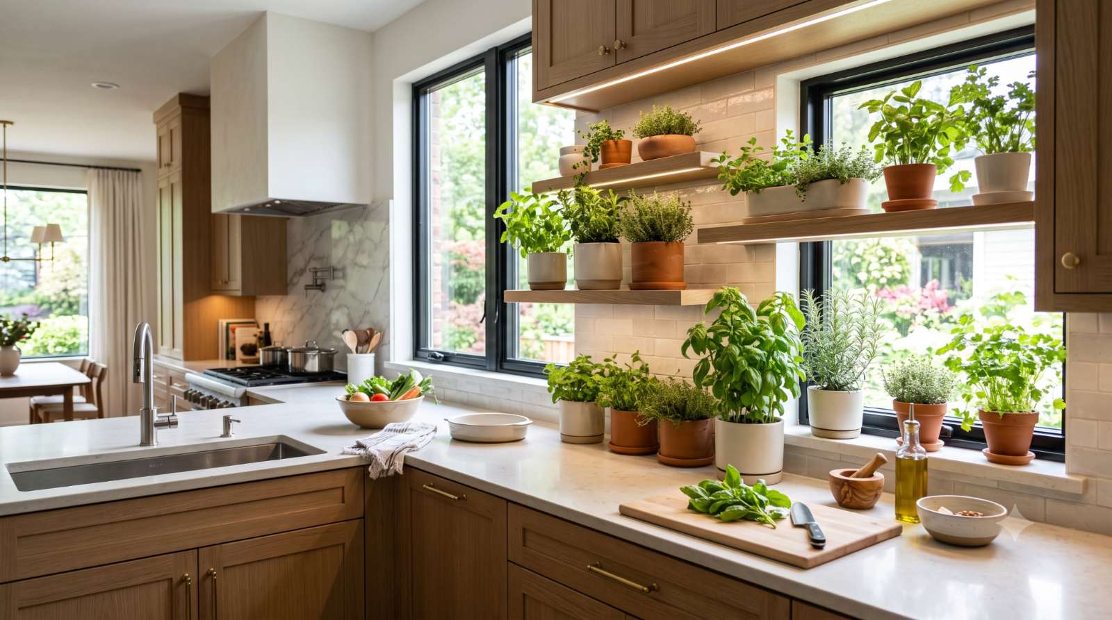 Realistic kitchen with an indoor herb garden near a sunny window or under grow lights, showing fresh herbs in small pots for easy cooking access.
