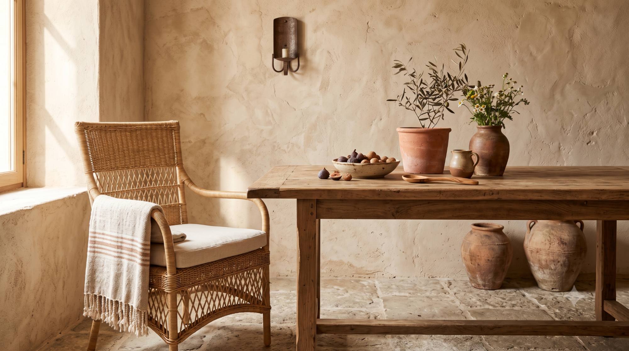 Mediterranean room with plaster walls, reclaimed wood table, stone floor, terracotta pottery, rattan chair, linen cushions, ceramic bowls, and wrought iron details.