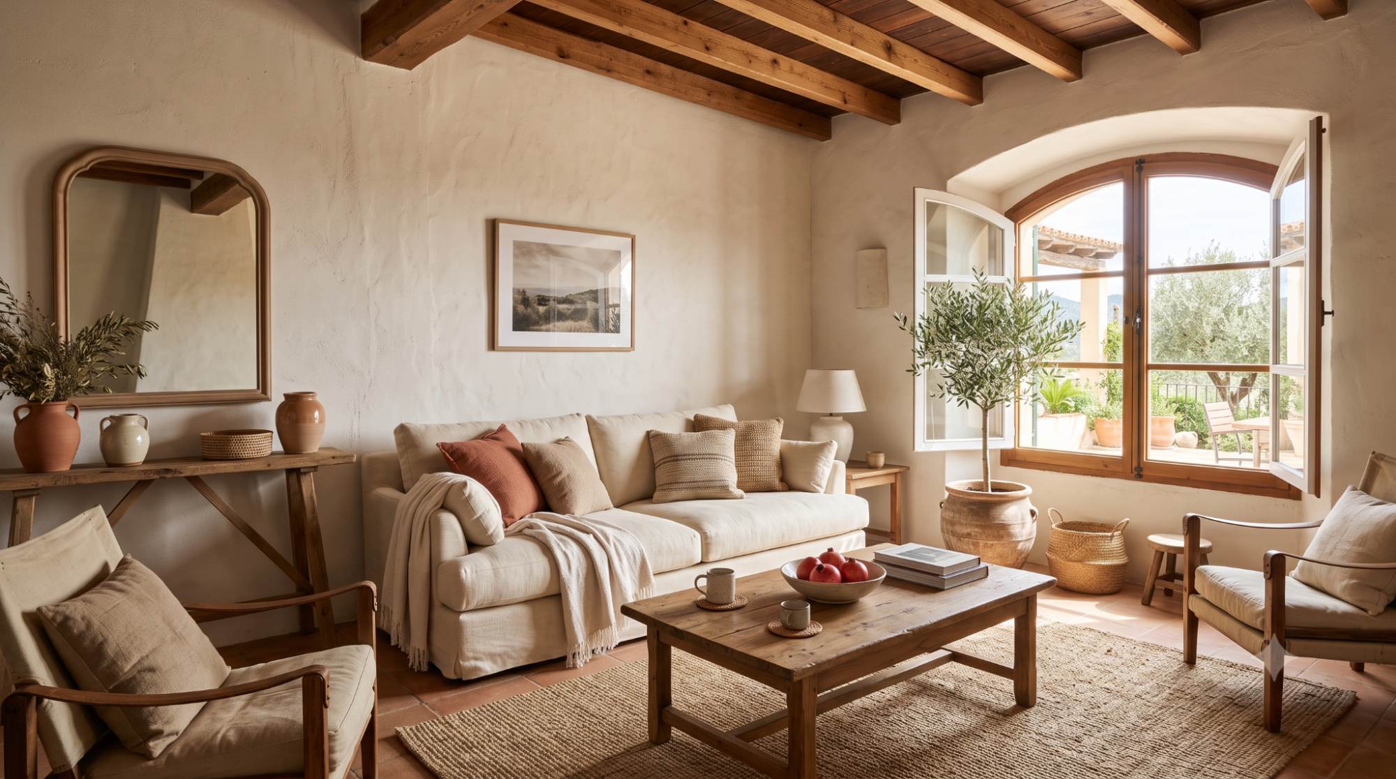 Mediterranean living room with cream plaster walls, wood beams, linen sofa, woven rug, arched mirror, ceramic decor, terracotta accents, and an olive tree.