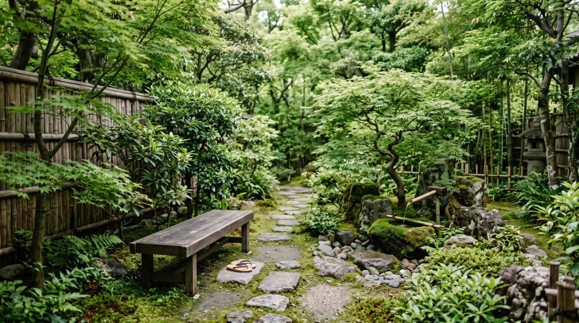 Tea garden-inspired seating area with a simple bench, quiet path, and private greenery in a peaceful Japanese garden.