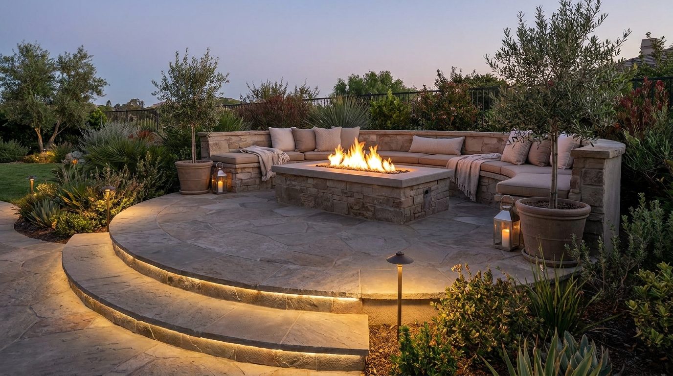 Sunken fire pit lounge with built-in seating, step lighting, and a private luxury backyard design.