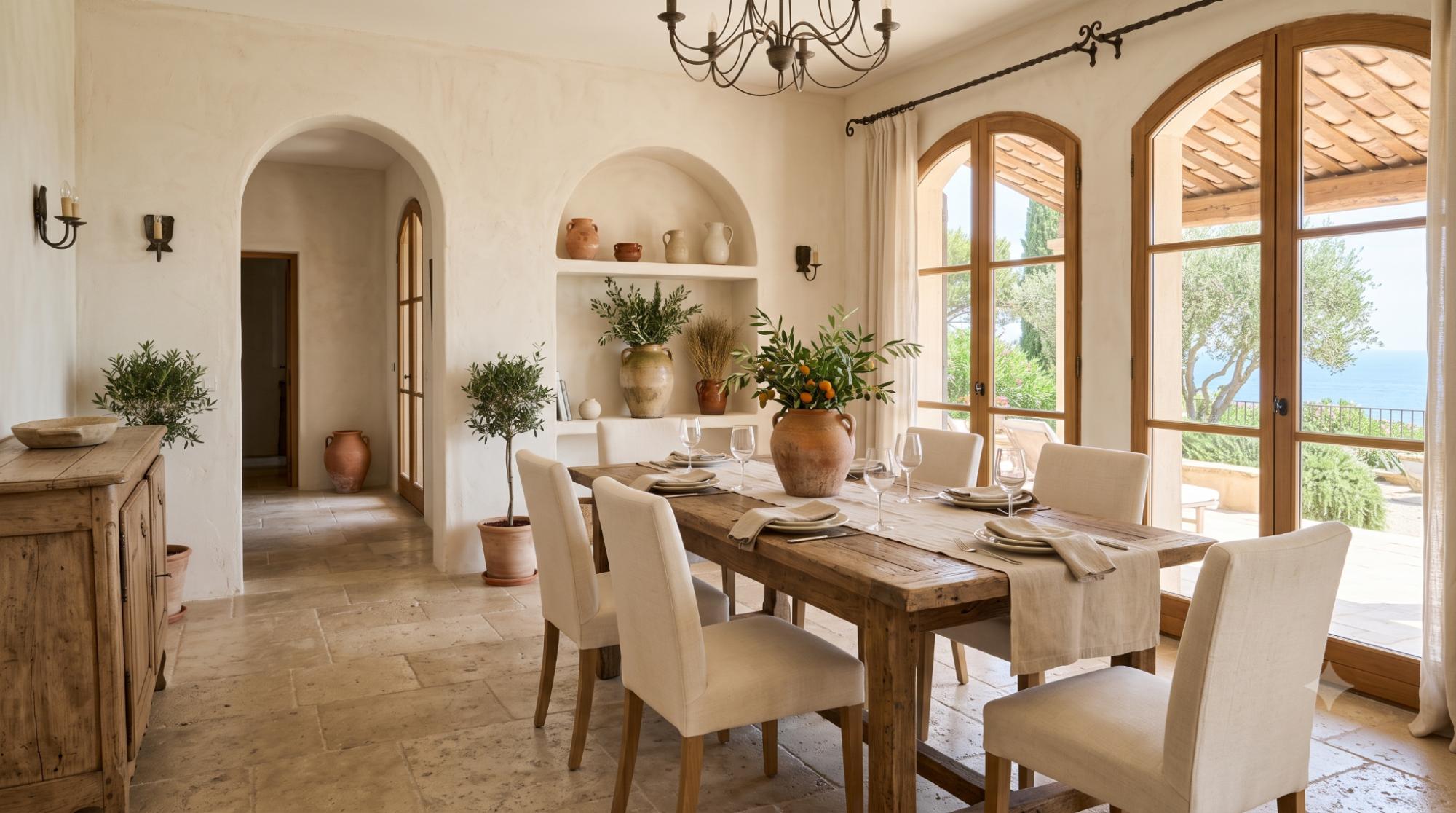 Italian Mediterranean room with cream plaster walls, arched doorway, stone floor, rustic wood table, elegant furniture, terracotta pottery, and olive branches.