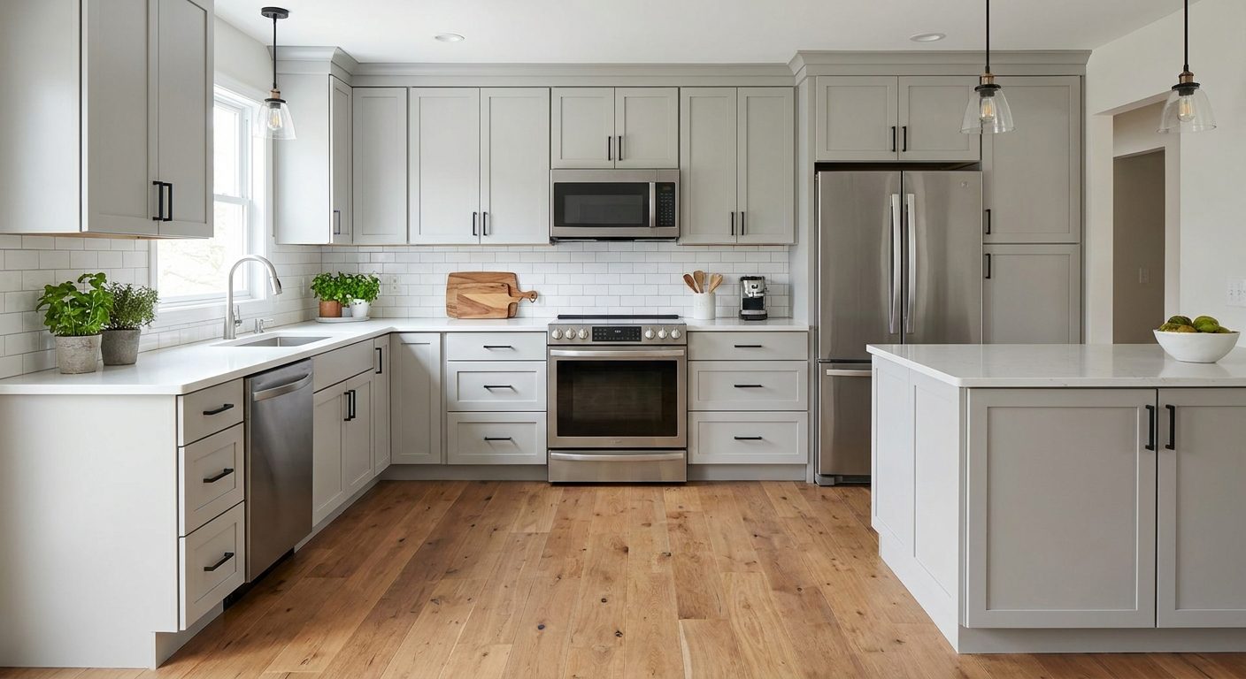 Rip-and-replace kitchen remodel with new cabinets, countertops, flooring and appliances in the original layout.