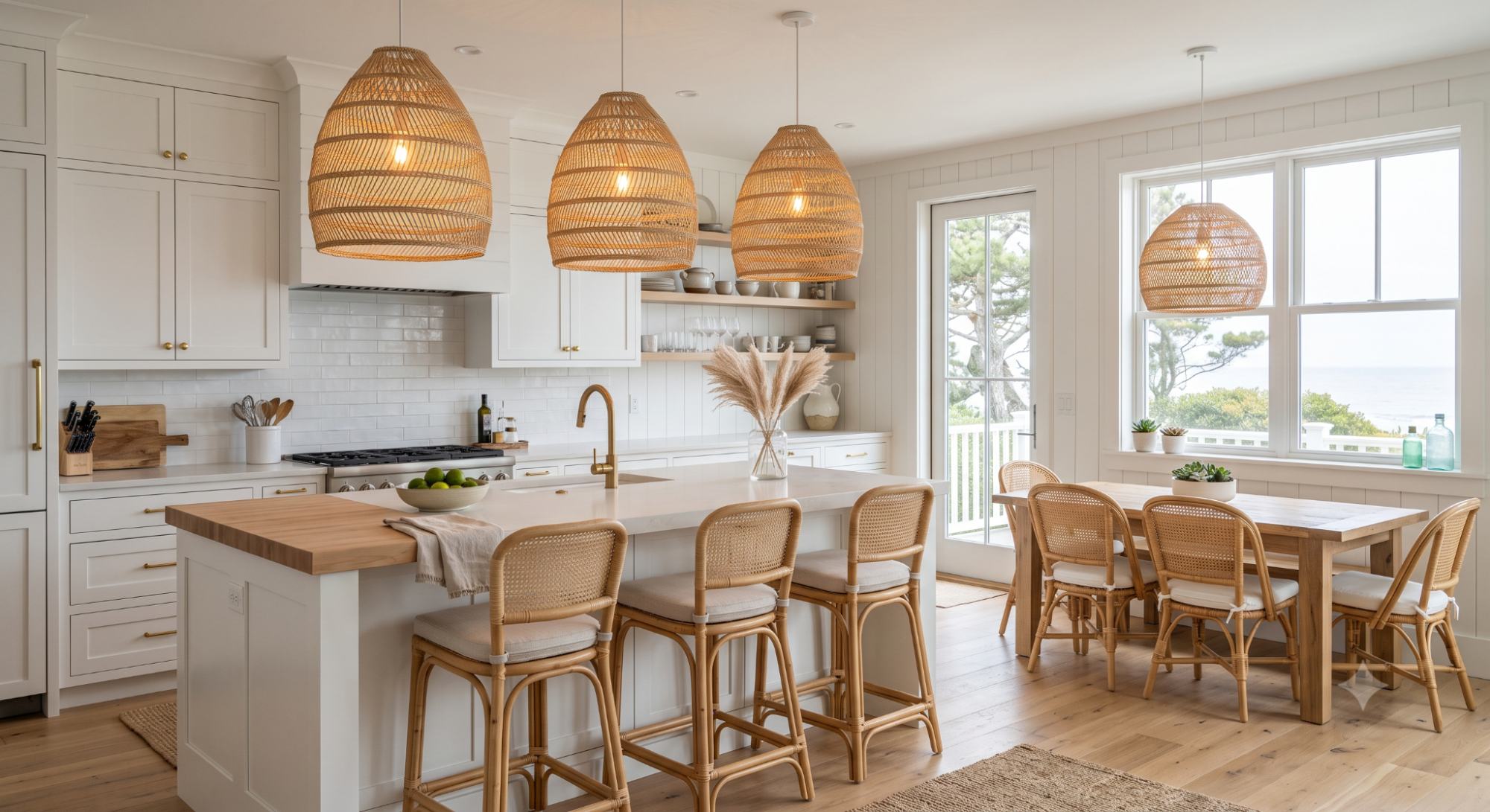 Beach house kitchen with woven pendant lights, warm glowing bulbs, white cabinetry, natural textures, and a relaxed coastal feel.