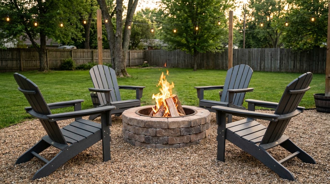 Fire pit with durable Adirondack chairs in a cozy family-friendly backyard seating area.