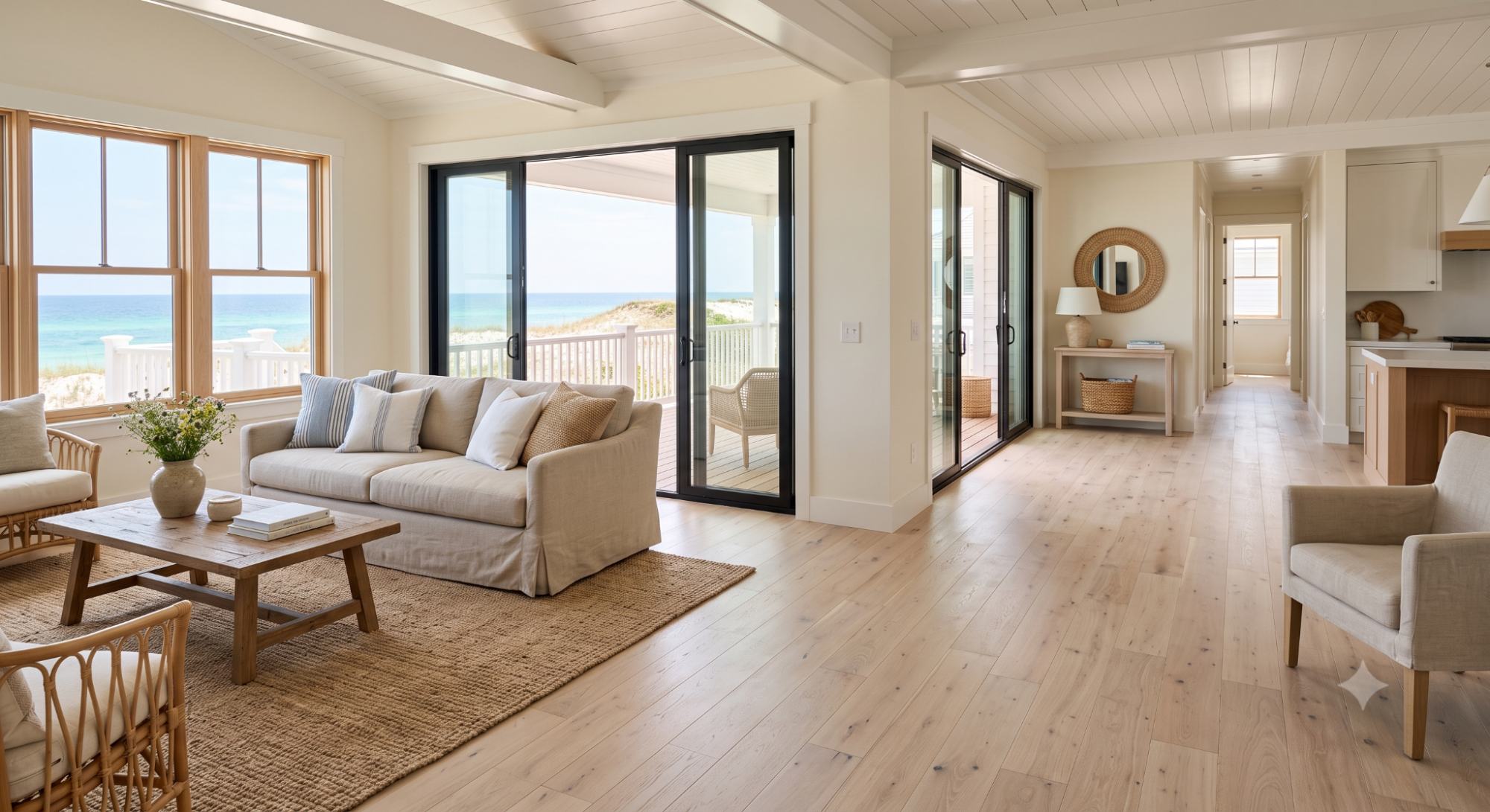 Beach house interior with light wood or whitewashed floors, white walls, natural textures, and a bright relaxed coastal style.