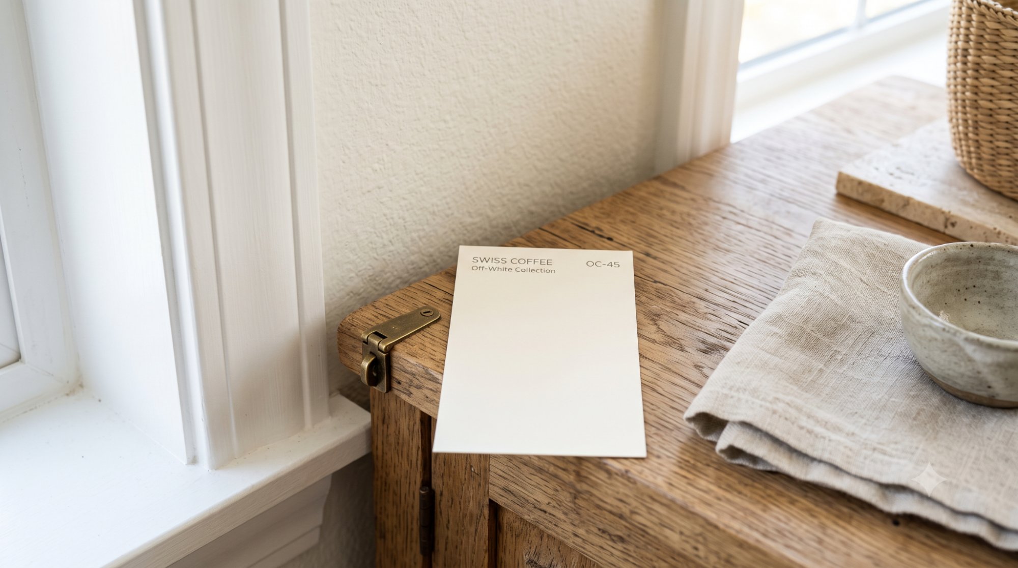 Close-up of a Swiss Coffee paint swatch beside warm wood, white trim, and neutral fabric in soft natural light.