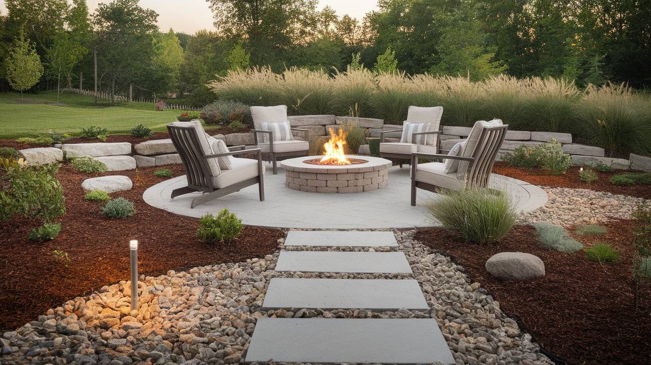 Fire pit with surrounding landscaping, gravel, grasses, rocks, pathway lights, and cozy backyard seating.