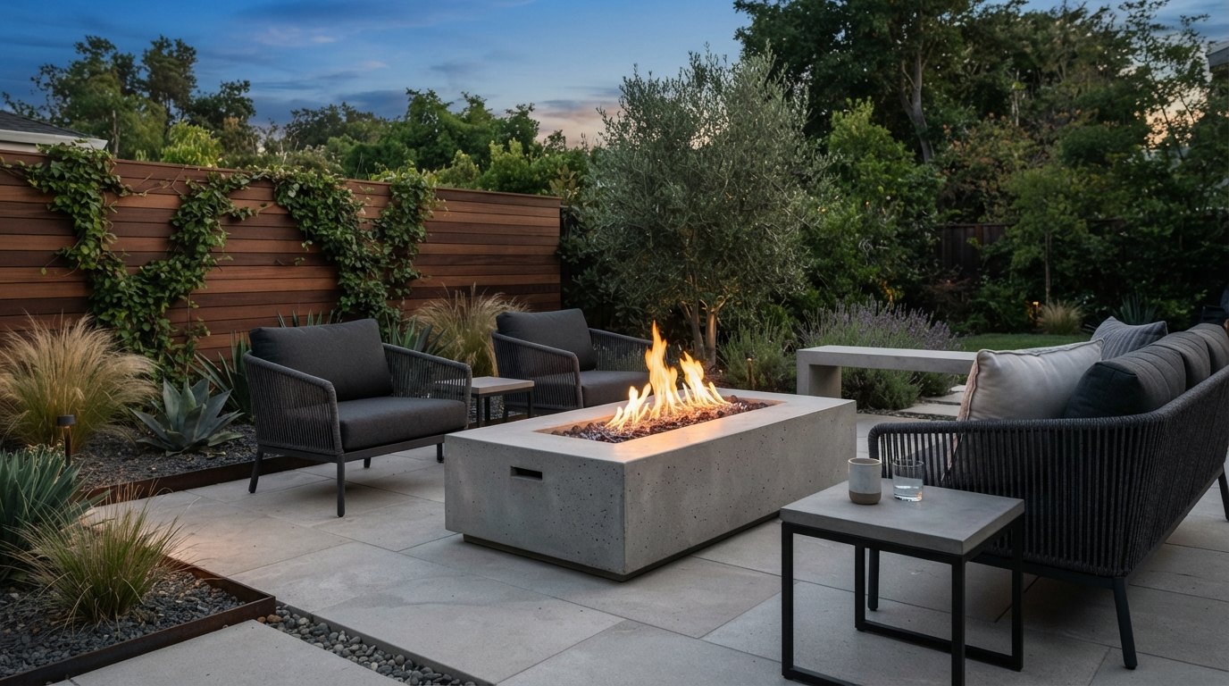 Modern concrete fire pit with low-profile seating on a sleek minimalist backyard patio.