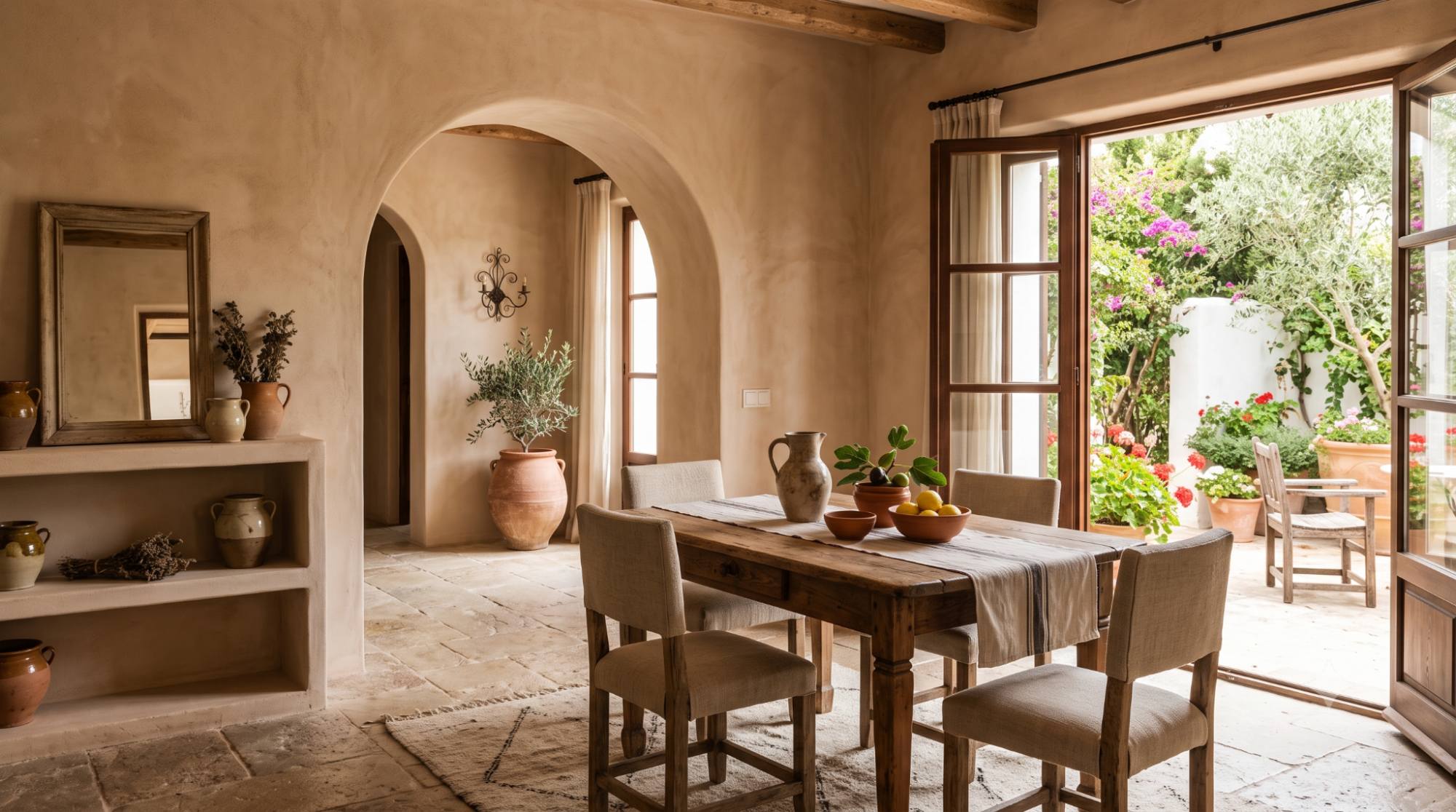 Mediterranean interior with warm plaster walls, arched doorway, stone floor, carved wood table, terracotta pottery, and open doors to a sunny courtyard.