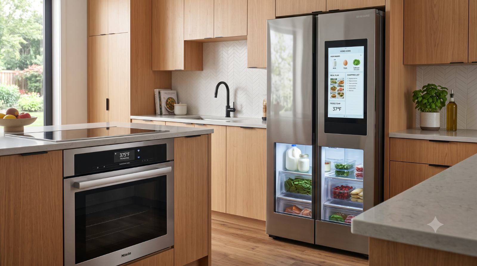 Realistic modern kitchen with a WiFi-enabled oven and smart refrigerator, showing clean appliances that make cooking easier, help check groceries, and keep the kitchen efficient.