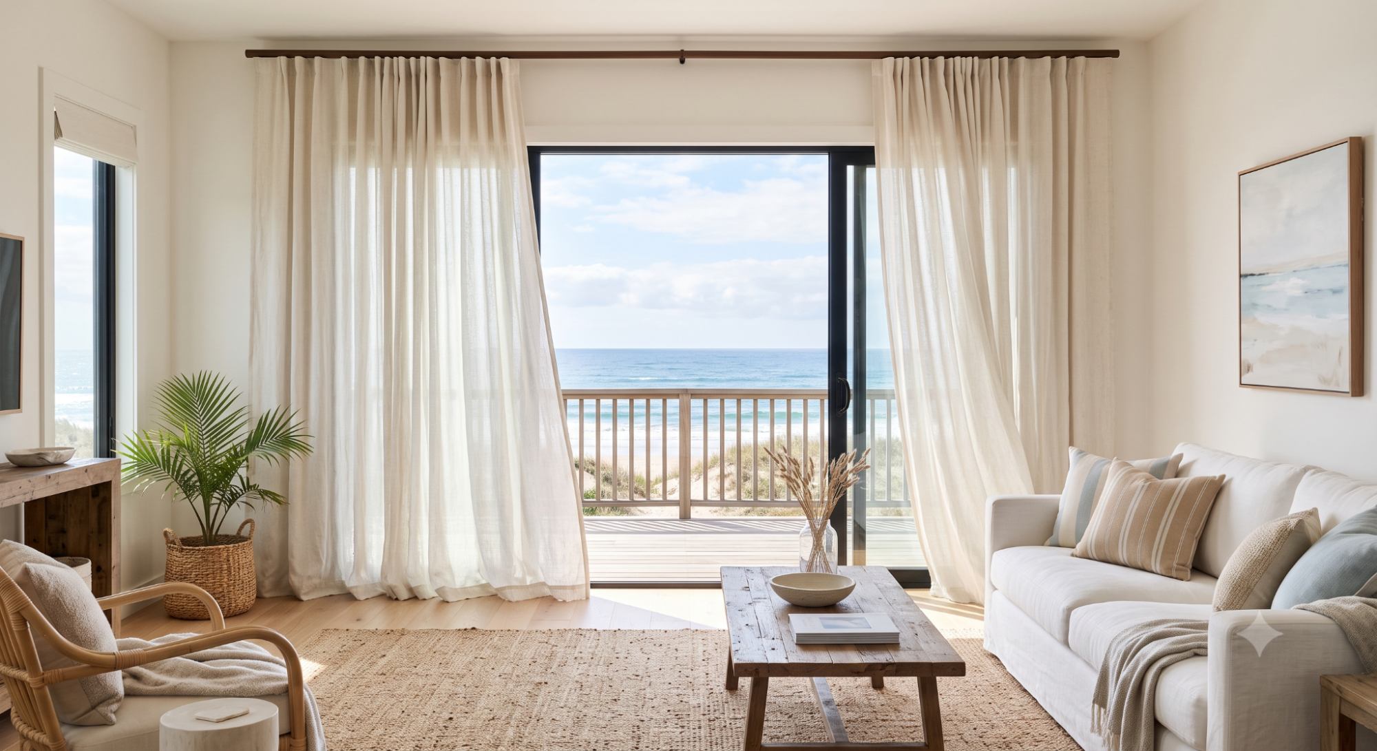 Beach house room with breezy linen curtains, soft natural light, white walls, relaxed coastal furniture, and airy neutral styling.