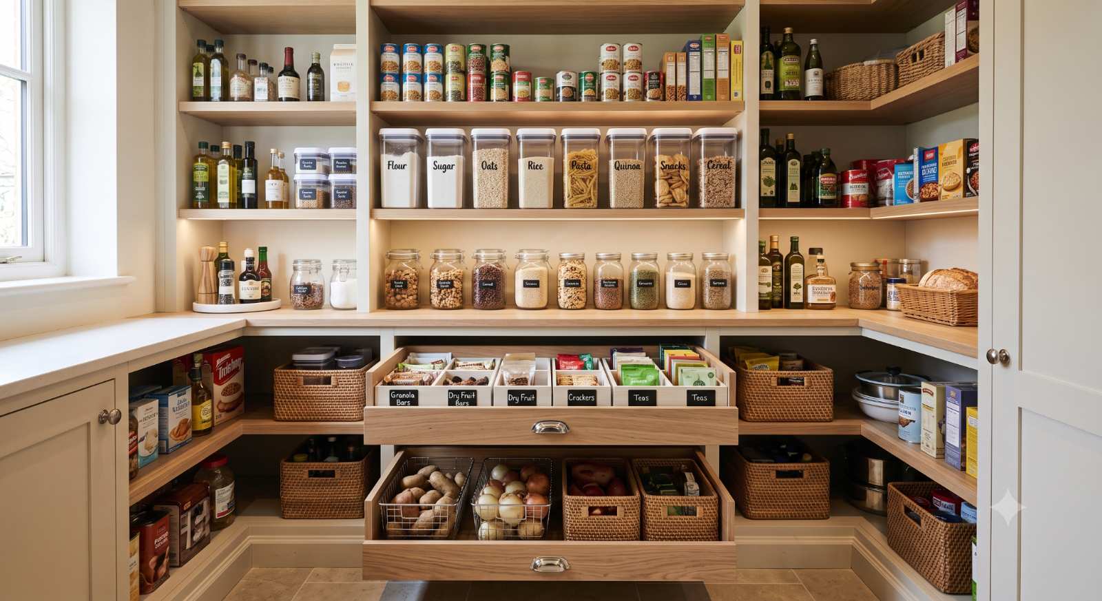 Realistic organized pantry remodel with open shelves, clear bins, labeled containers, and pull-out drawers, showing an efficient storage setup that makes food easier to see, access, and manage.