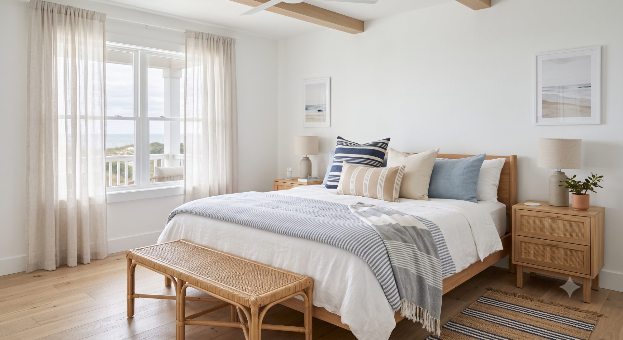 Beach house bedroom with striped bedding and pillows, white walls, linen textiles, soft coastal colors, and relaxed natural styling.