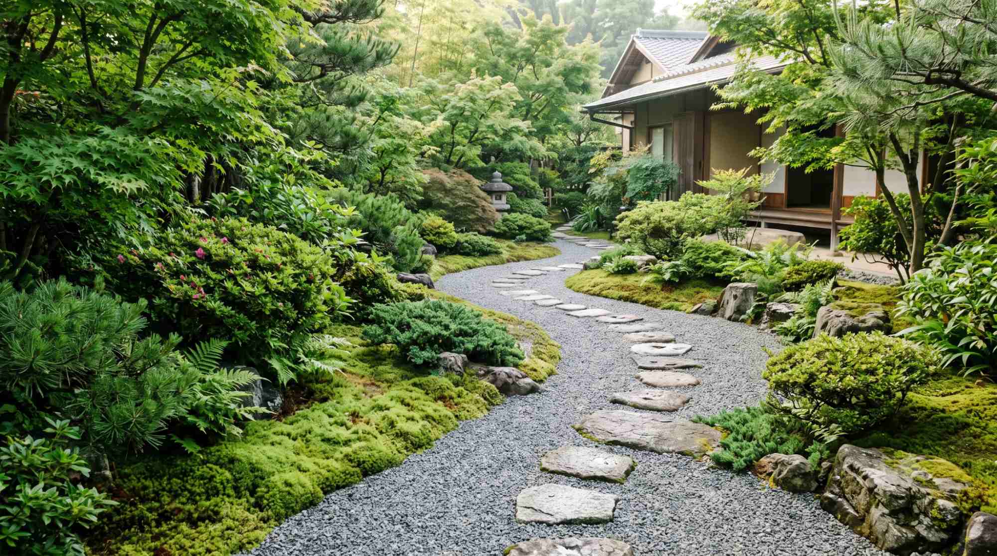 Curved gravel path with stepping stones, moss, and low plants in a peaceful Japanese garden.