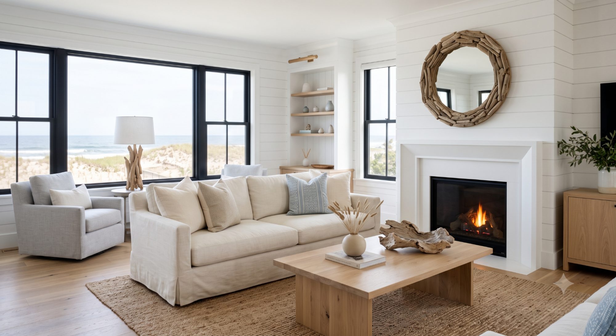 Beach house interior with small driftwood decor accents, modern coastal furniture, white walls, natural textures, and soft neutral colors.