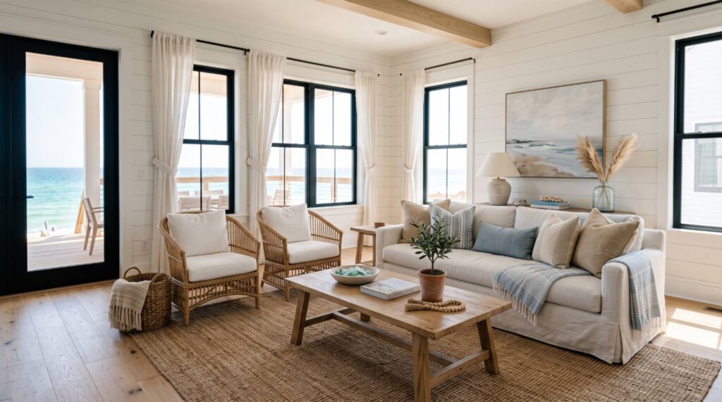 Beach house interior living room with white walls, large windows, natural light, linen seating, rattan accents, and soft coastal colors.