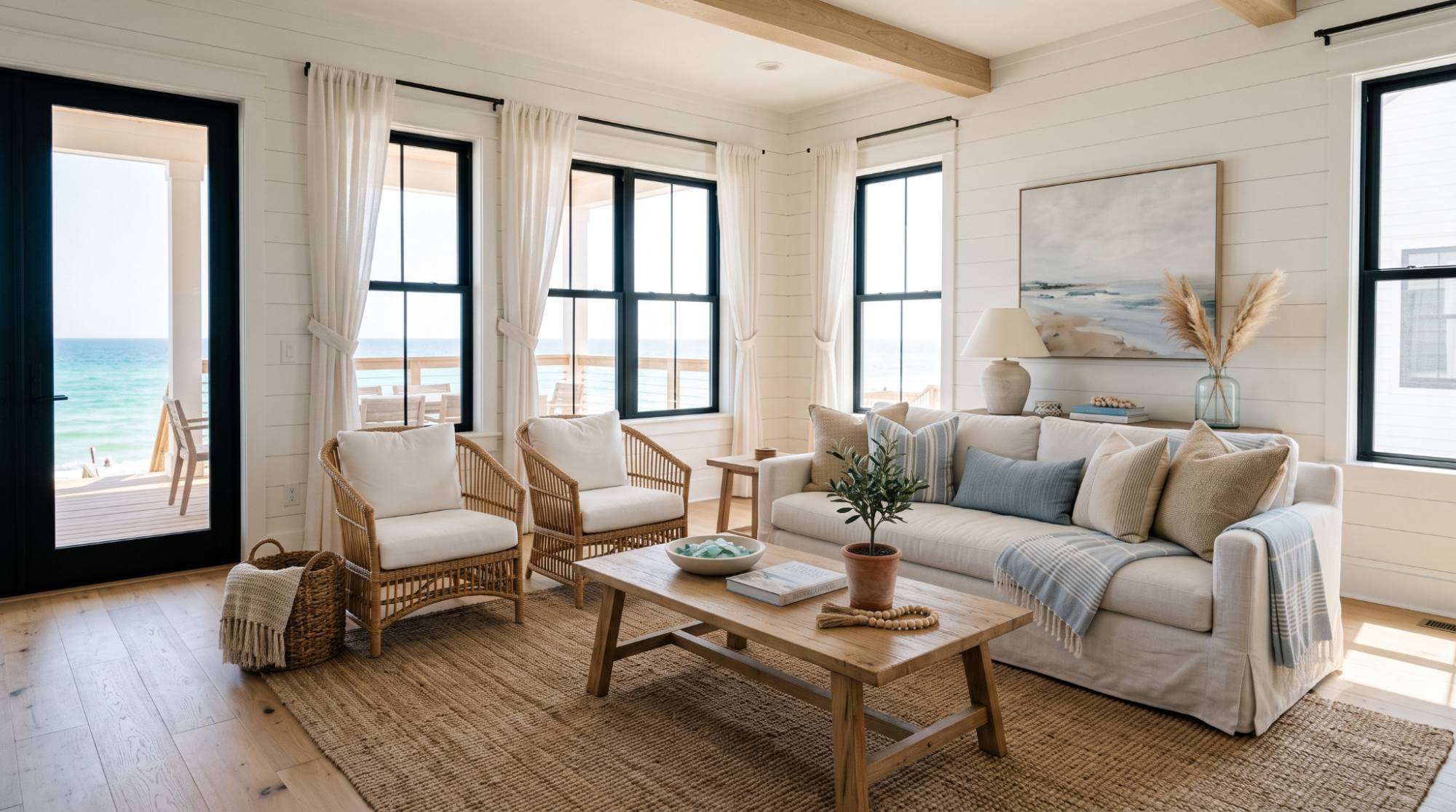 Beach house interior living room with white walls, large windows, natural light, linen seating, rattan accents, and soft coastal colors.