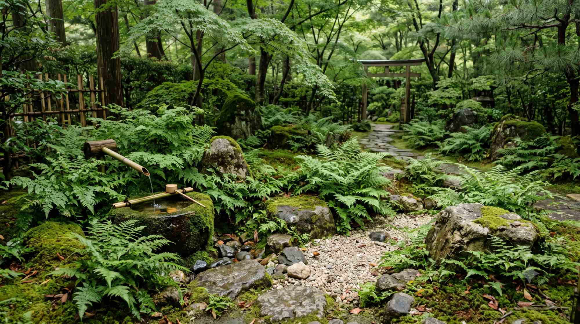 Shaded Japanese garden with soft green ferns, moss-covered rocks, gravel, and a subtle water feature.