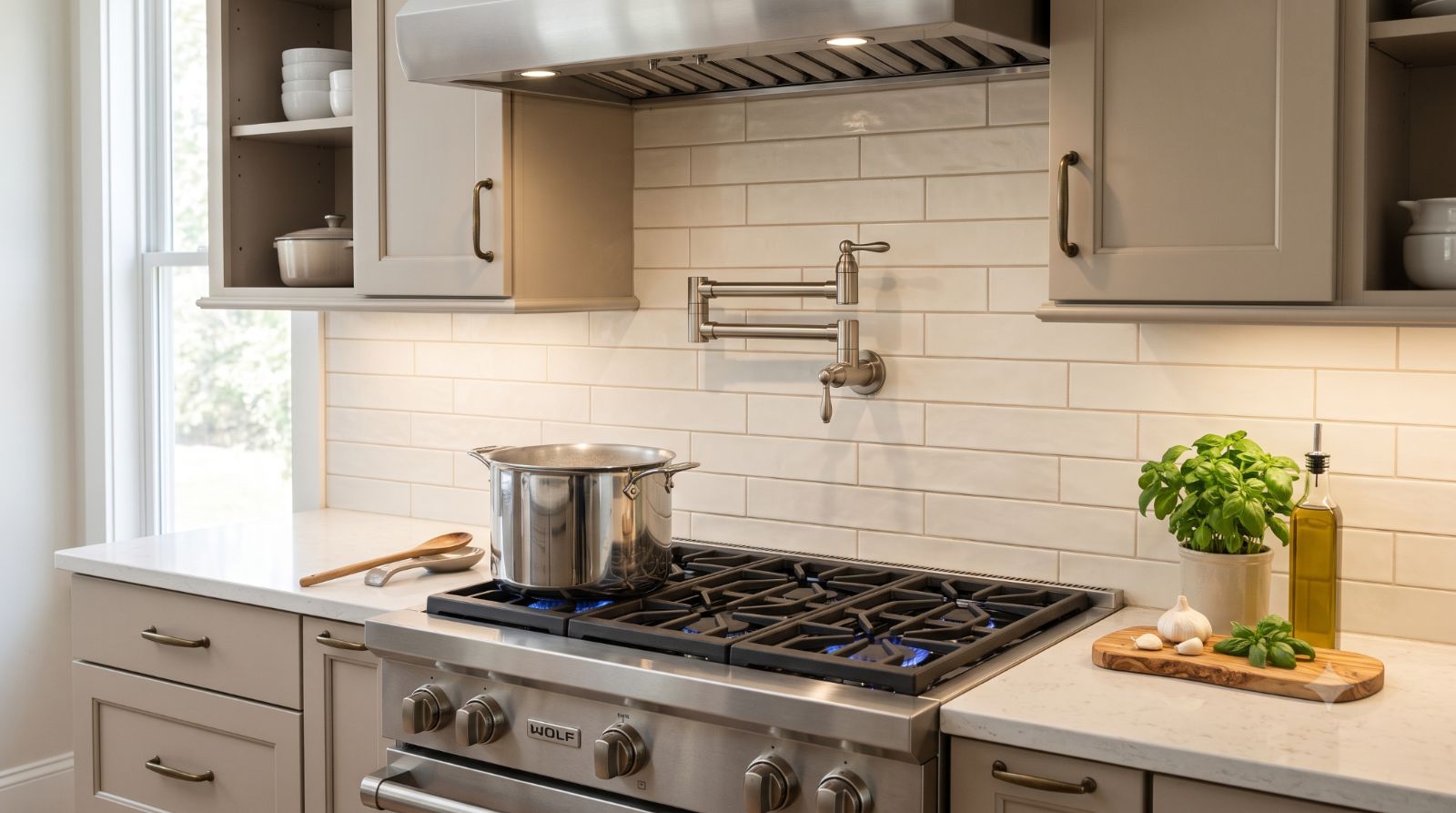 Realistic kitchen stove area with a wall-mounted pot filler faucet above the cooktop, showing a large pot being filled easily without carrying water from the sink.