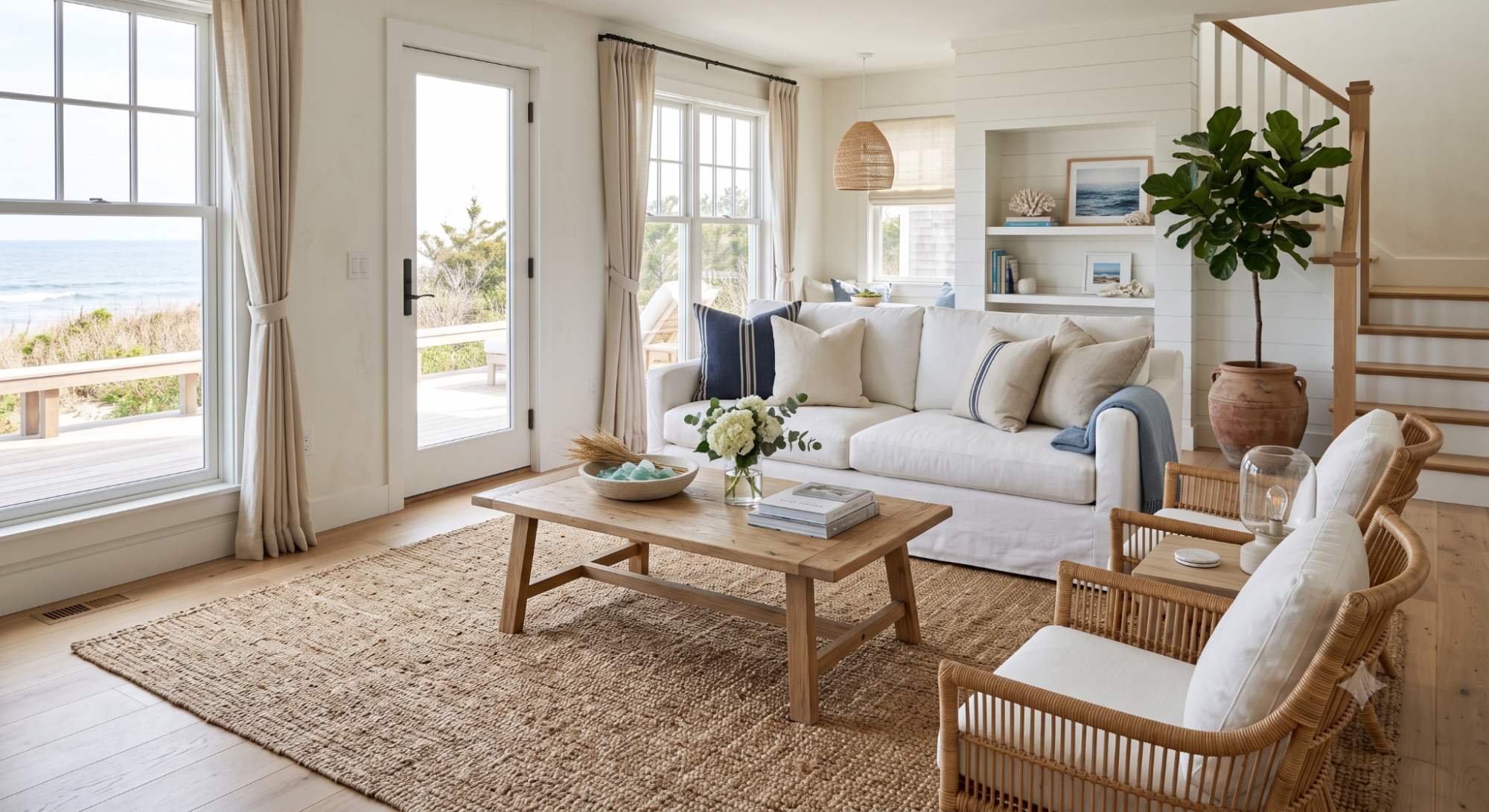 Beach house interior with a layered jute or sisal rug, light wood furniture, soft natural light, and relaxed coastal textures.