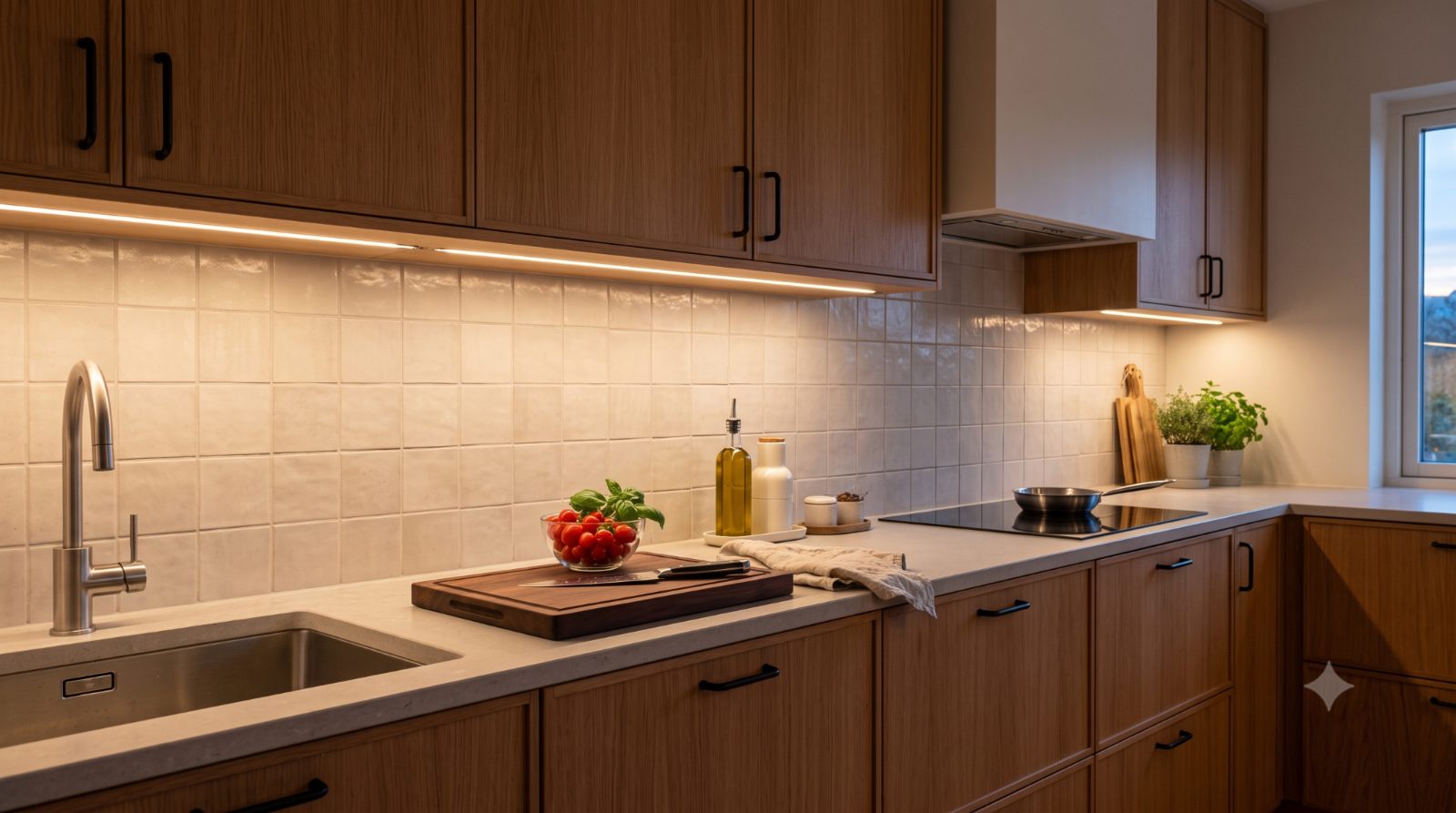 Realistic modern kitchen with warm LED under-cabinet lighting, showing a bright countertop work area and soft evening glow for safer food prep and added ambiance.