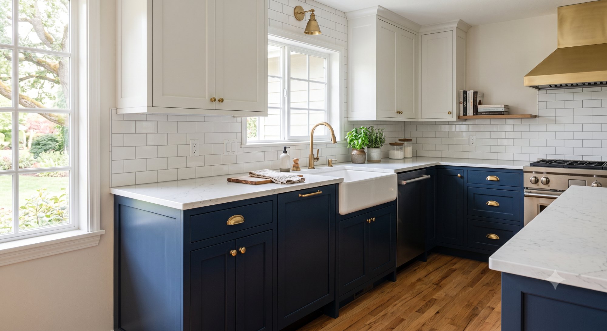 Navy blue kitchen cabinets with a smooth painted finish, light quartz countertops, brass hardware, and warm natural lighting.