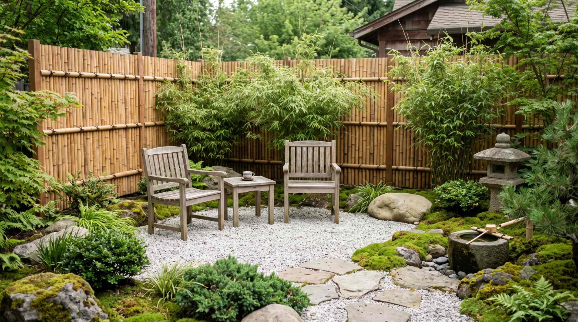 Bamboo privacy screen around a peaceful Japanese garden patio with gravel, stones, and low plants.