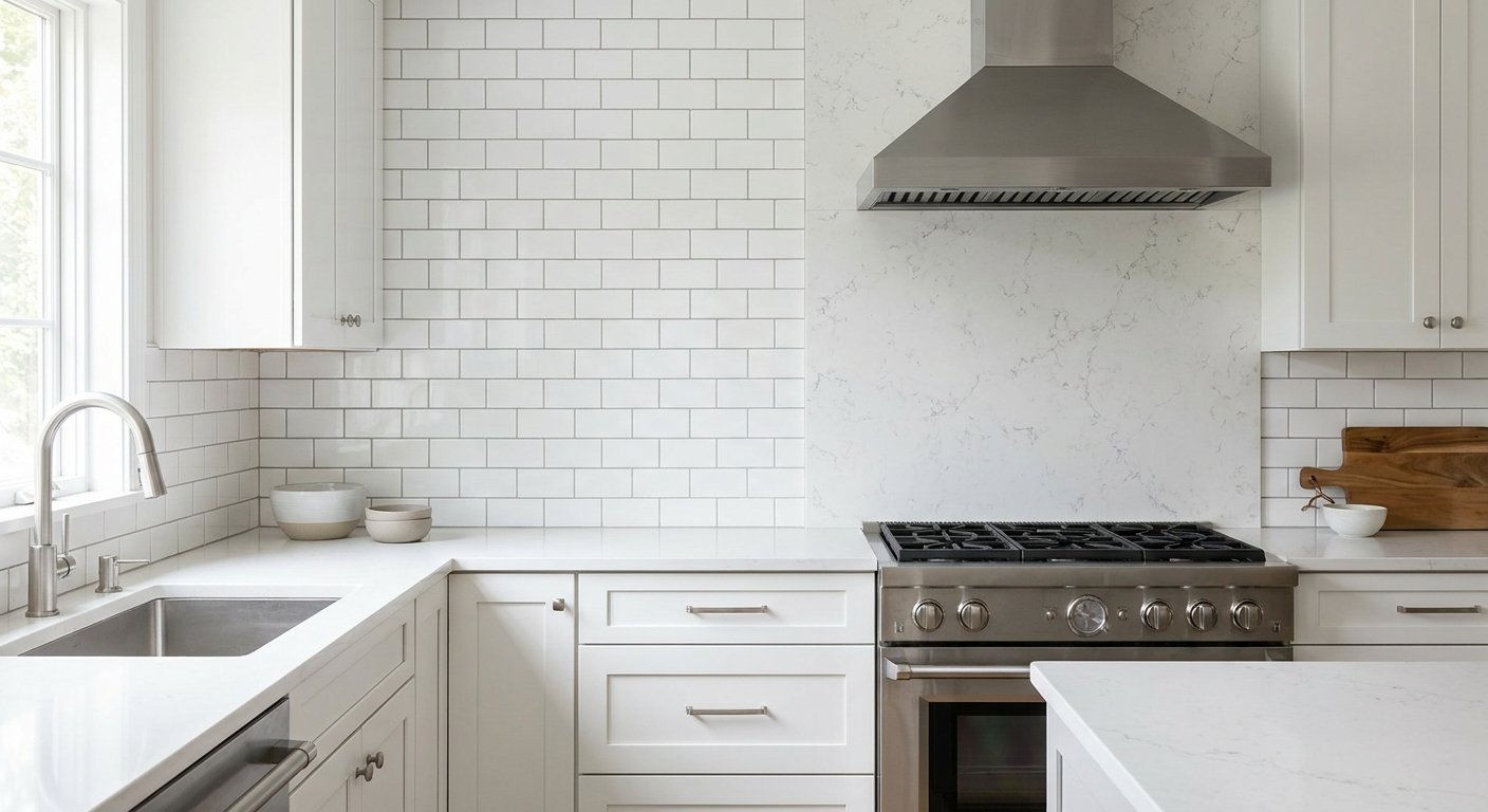 Kitchen with a subway tile backsplash and a full-height stone slab backsplash.