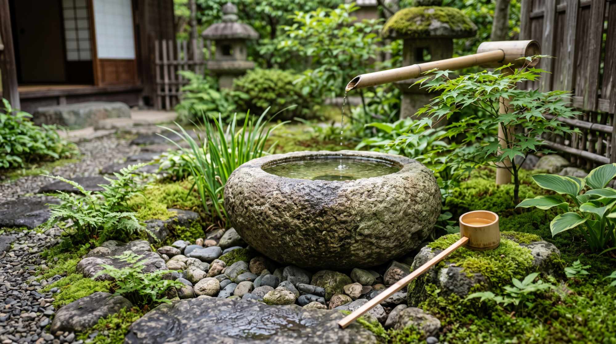 Stone water basin with still water, bamboo ladle, moss, and stones in a peaceful Japanese garden.