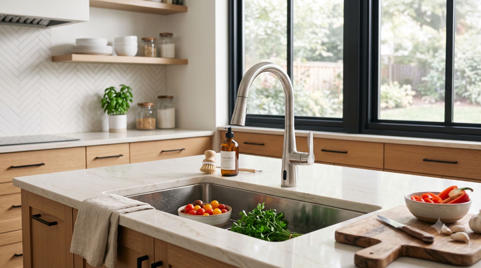 Realistic kitchen sink with a sleek touchless faucet, showing a clean hands-free design that improves convenience, hygiene, and water savings during food prep.