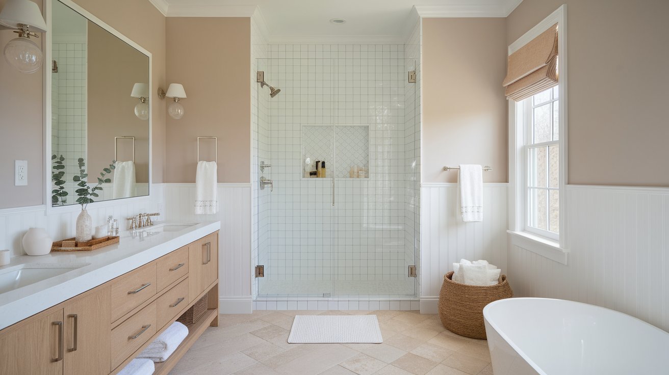 Bathroom with Benjamin Moore Pale Oak walls, Chantilly Lace trim, white tile, warm vanity lighting, and natural daylight creating a soft spa-like warm greige interior.