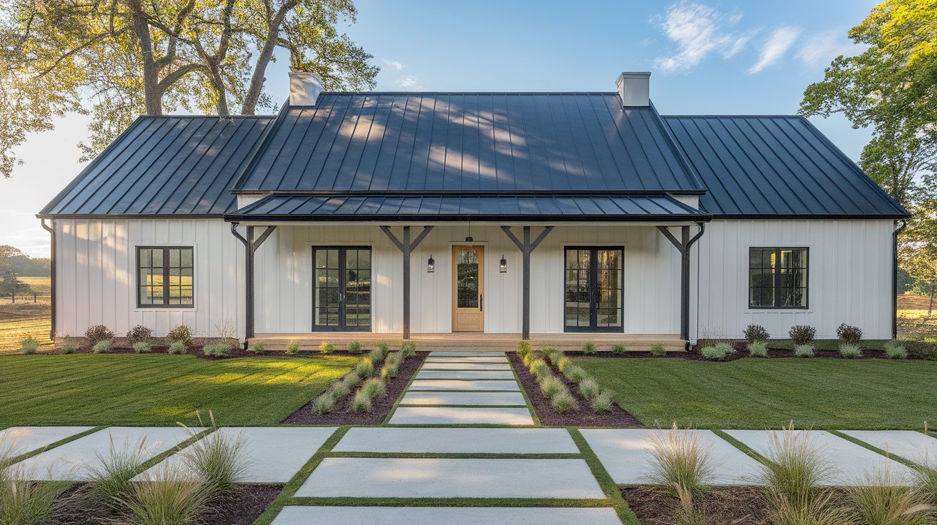 Modern farmhouse with a matte black standing seam metal roof and white board-and-batten siding showcasing a durable, energy-efficient metal roofing option with contemporary curb appeal.