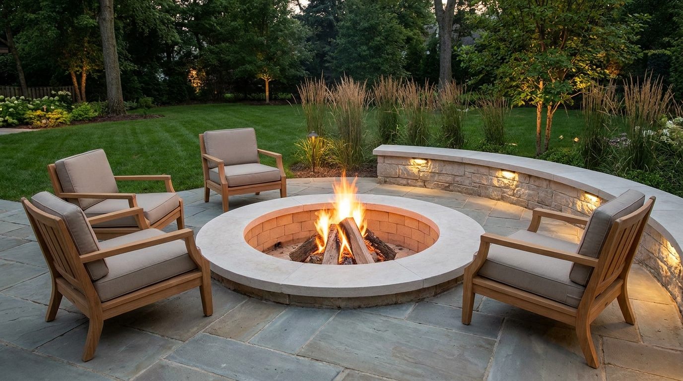 In-ground fire pit set flush with a patio for a polished high-end backyard look.