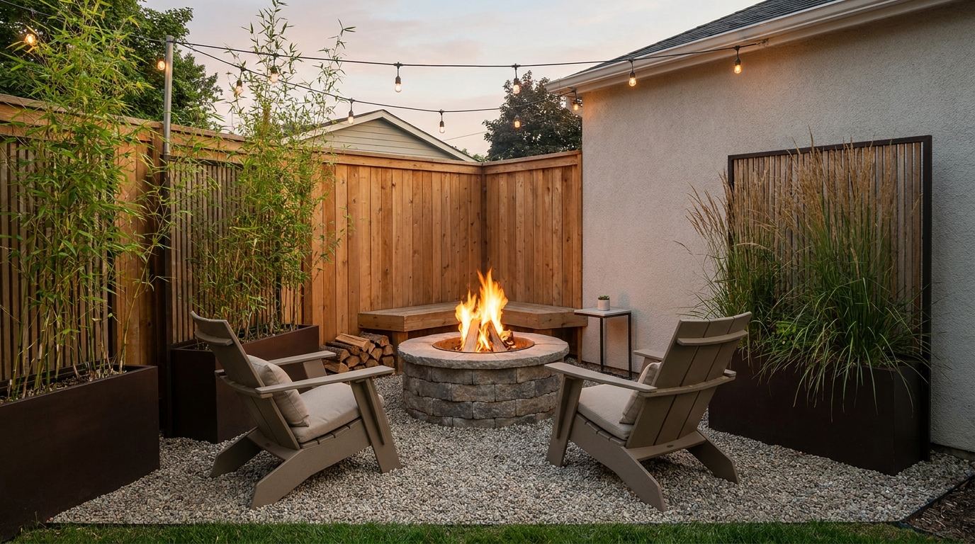 Small backyard fire pit corner with two chairs, gravel, and tall privacy plants in a cozy compact outdoor space.