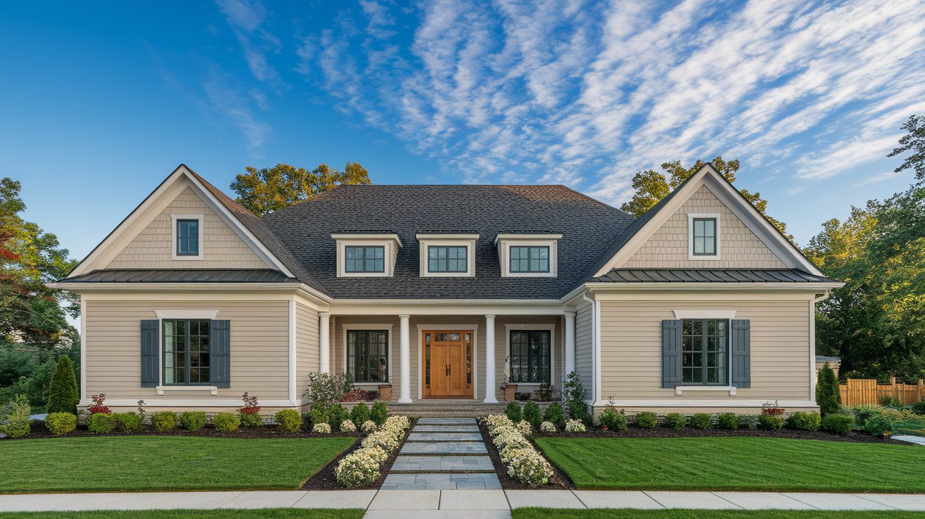 Beautiful suburban home with a charcoal gray architectural shingle roof and beige siding showcasing a versatile roof color that complements a wide range of home styles and exterior colors.