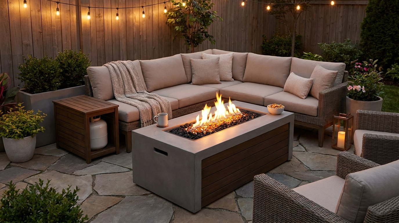 Propane fire pit with hidden tank and clean flames on a cozy smoke-free backyard patio.