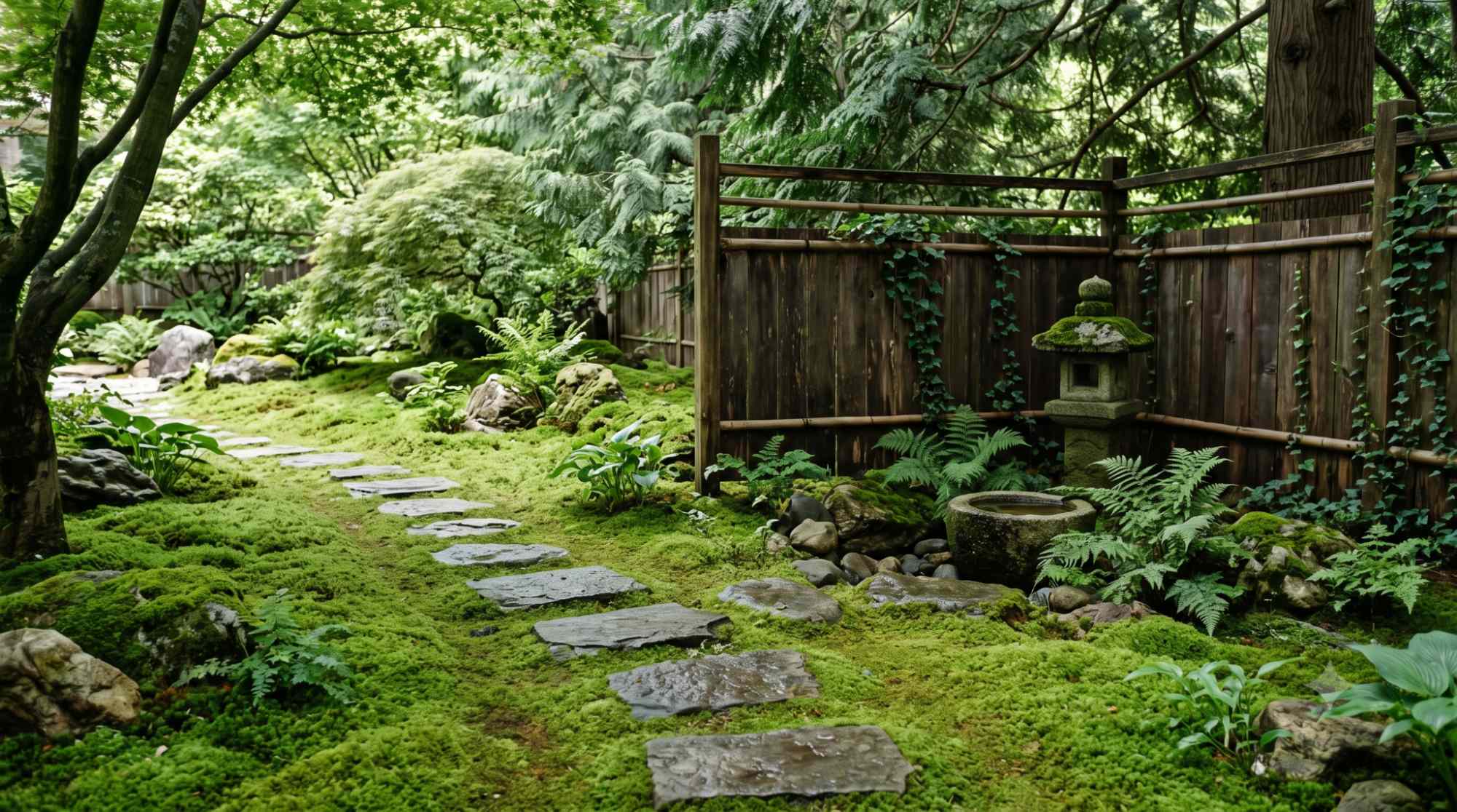Shaded Japanese moss garden corner with stones, ferns, and stepping stones in a peaceful backyard.
